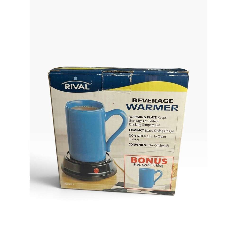 NIB  -  RIVAL ELECTRIC BEVERAGE WARMER - IN LINE SWITCH w/8oz BLUE CERAMIC MUG